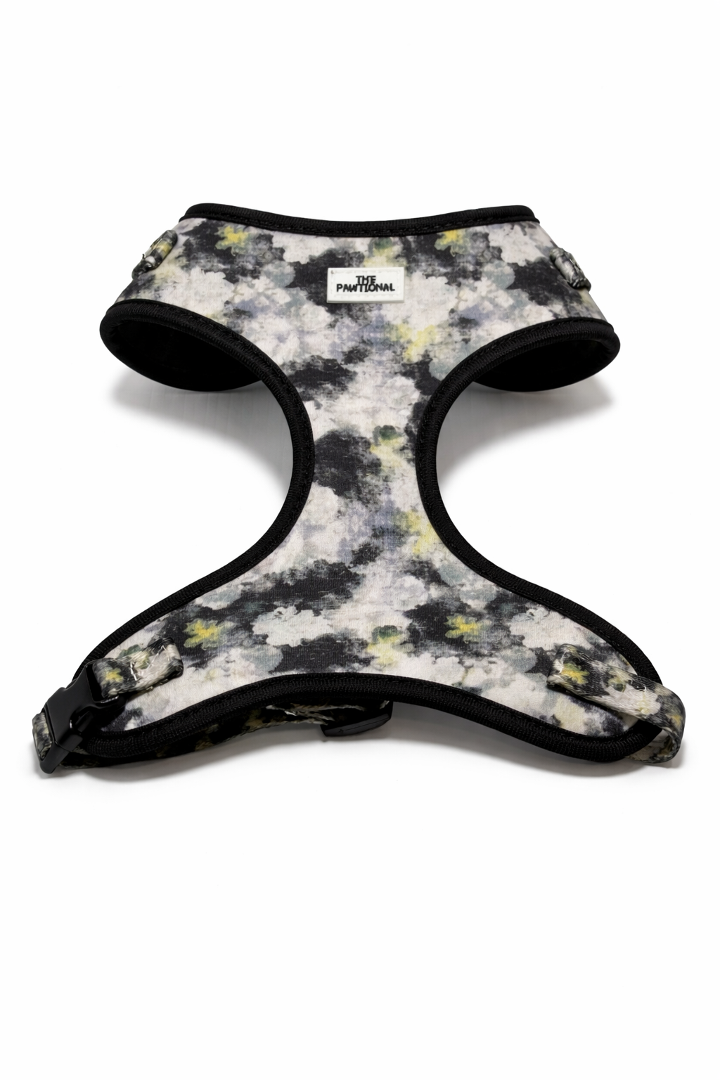 dog wearing shadow bloom floral harness